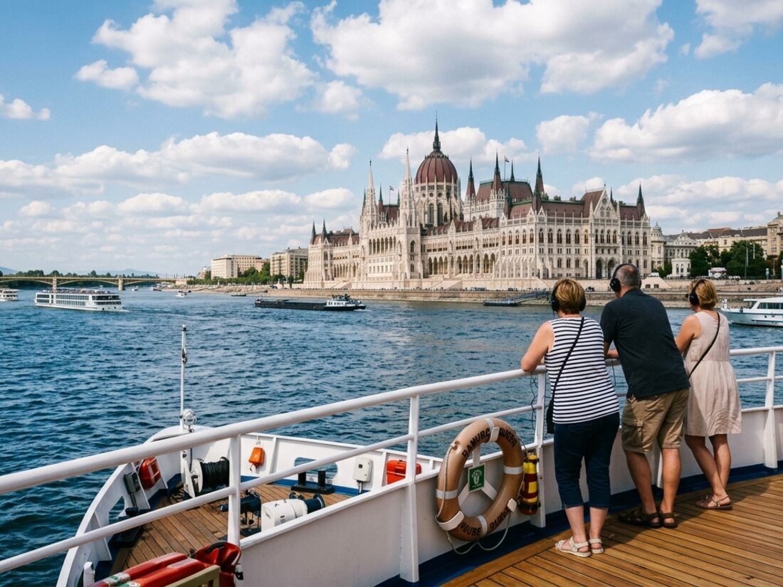 Guests with audio-guide headphones on a daytime Danube cruise in Budapest